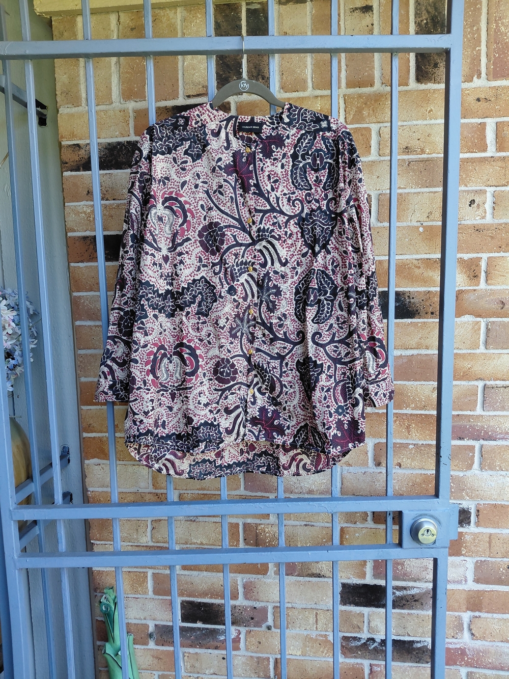 Womens Paisley Button-Front Blouse in Burgundy and Black